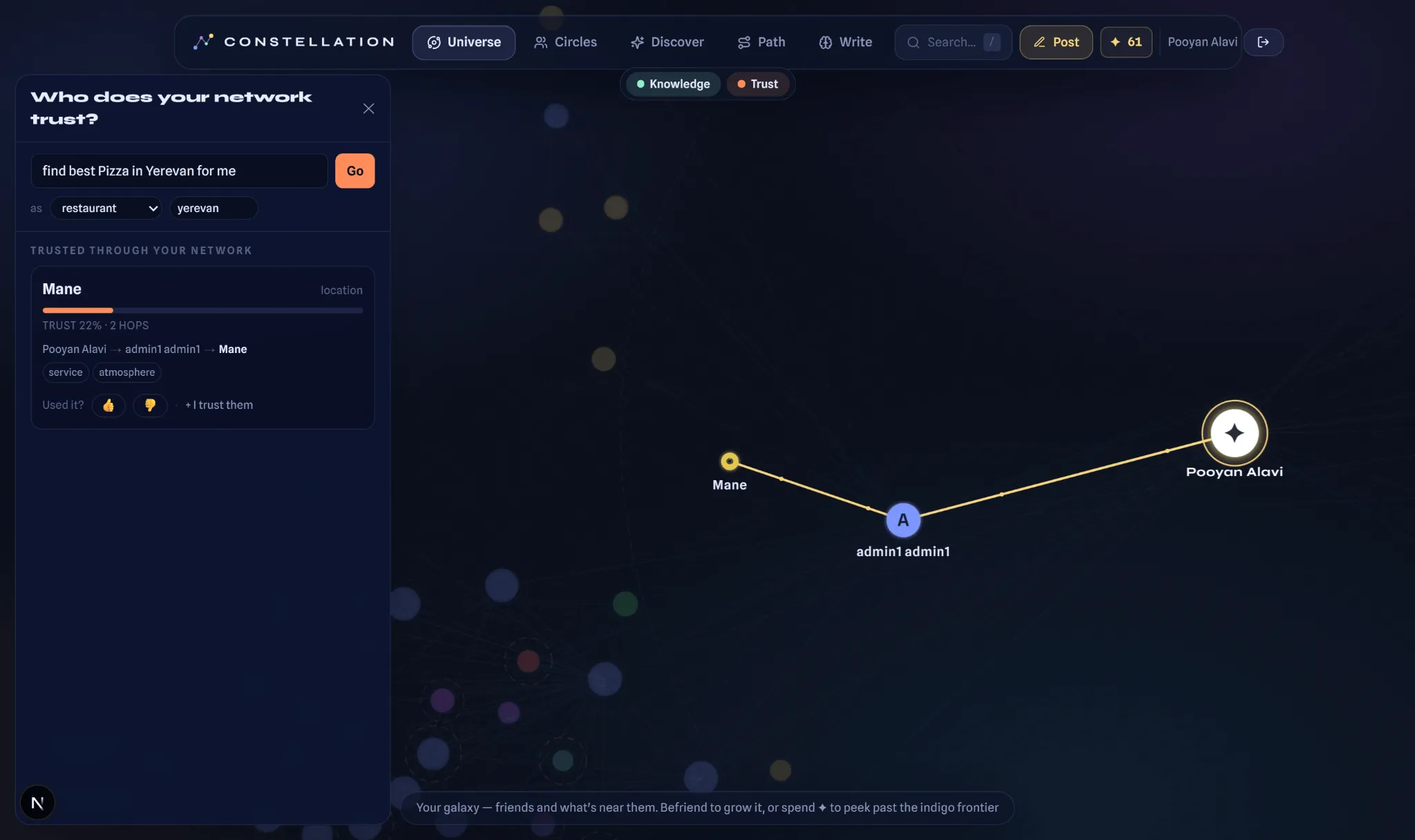 Trust search interface showing a recommendation through a trust path