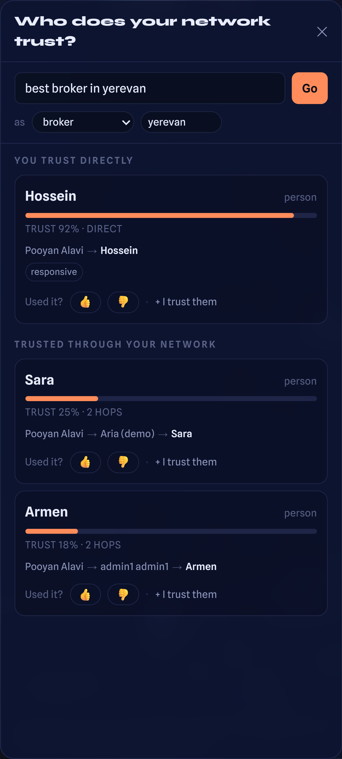 Search results showing trust paths and explained recommendations